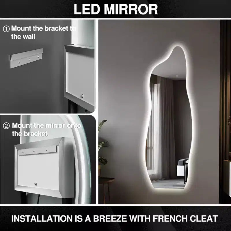 Specchio LED irregolare a figura intera, argento, singolo, 160 x 60 cm.