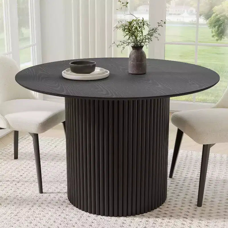 Tavolo da pranzo rotondo in legno massello da 117 cm, Nero / Rovere / Noce, 4 posti a sedere