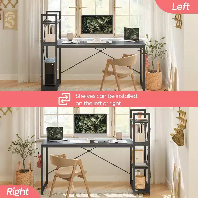 Scrivania da computer rovere e nera con libreria reversibile, 4 ripiani, singola