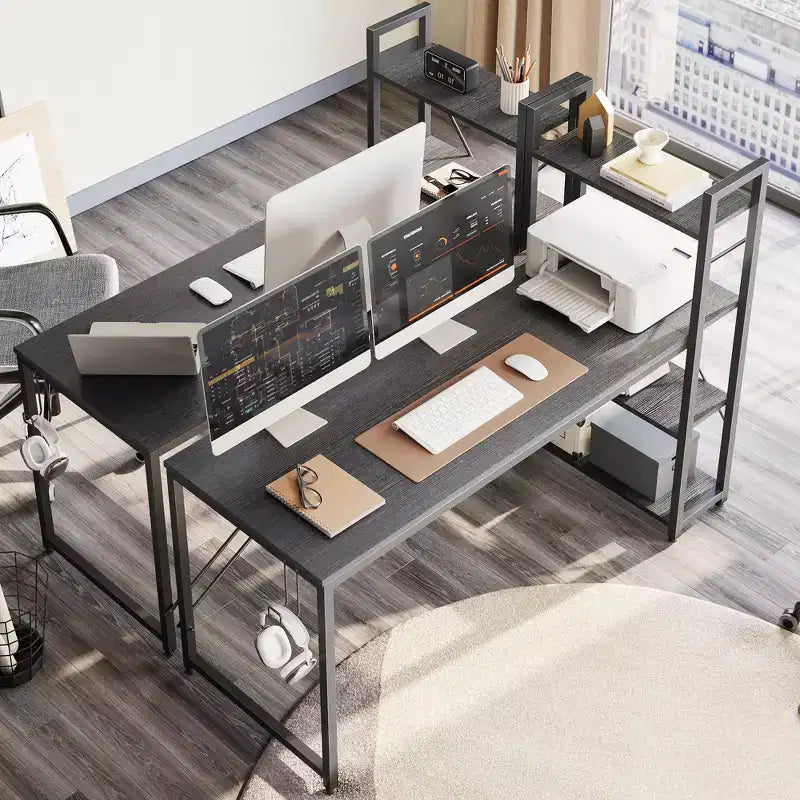 Scrivania da computer rovere e nera con libreria reversibile, 4 ripiani, singola