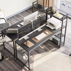 Scrivania da computer rovere e nera con libreria reversibile, 4 ripiani, singola