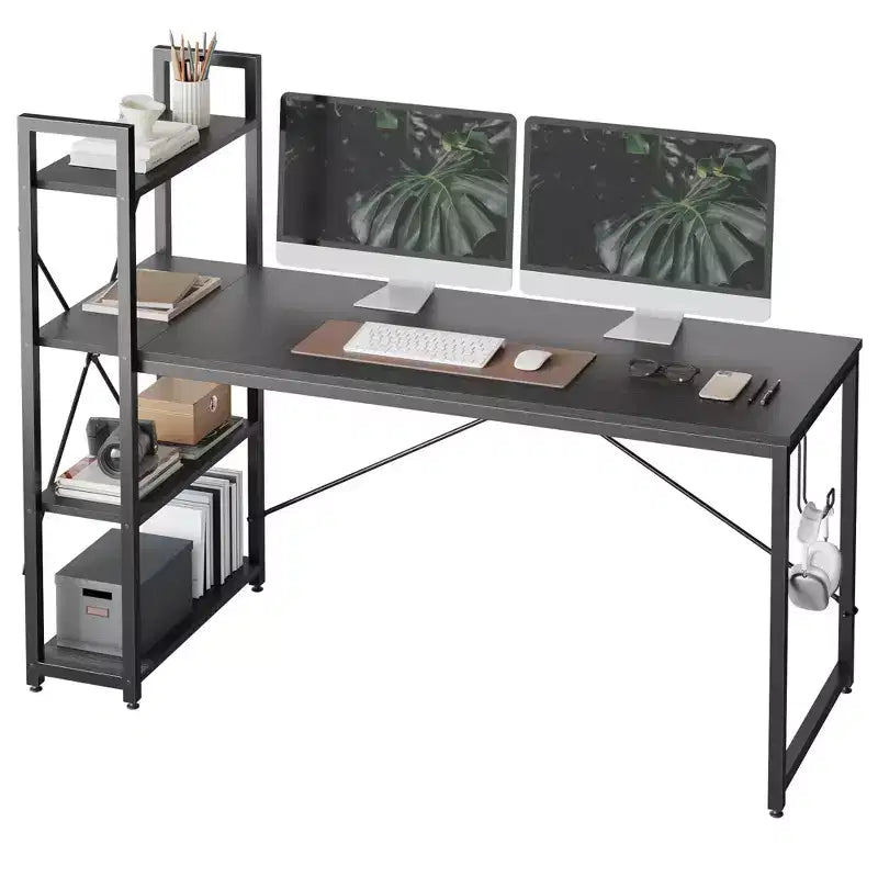 Scrivania da computer rovere e nera con libreria reversibile, 4 ripiani, singola