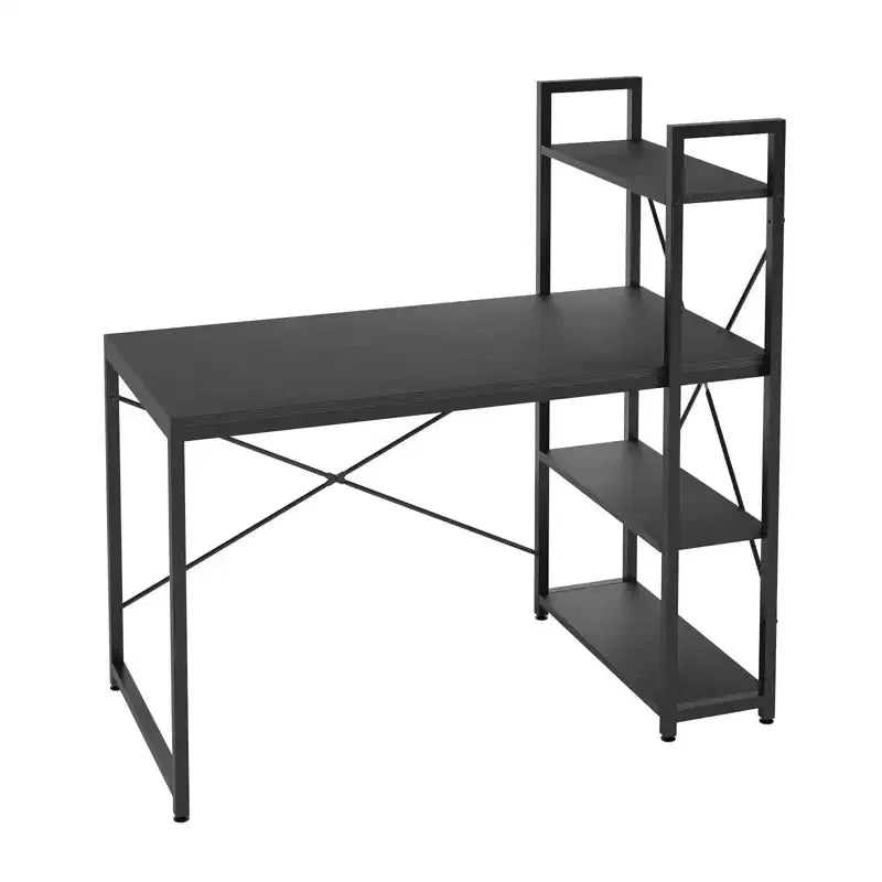 Scrivania da computer rovere e nera con libreria reversibile, 4 ripiani, singola