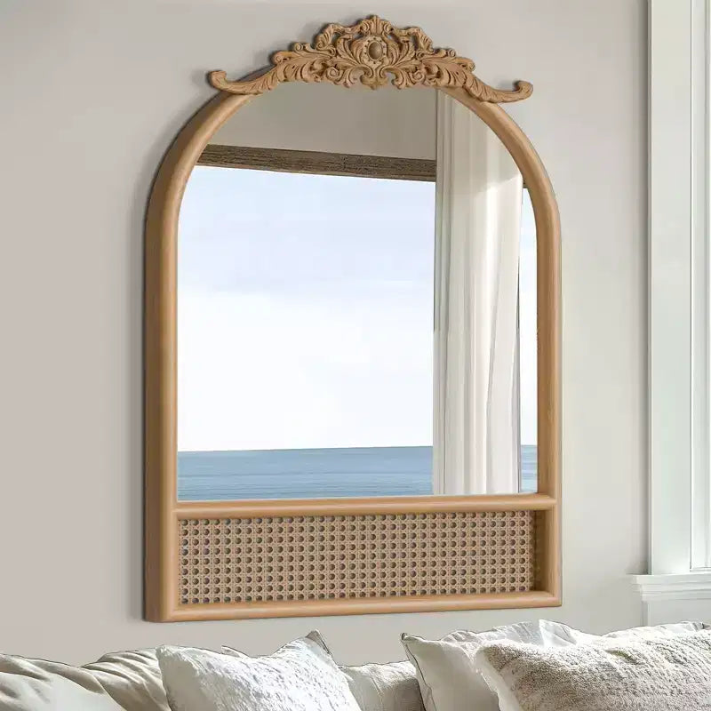 Specchio da parete ad arco in legno marrone naturale e rattan – Singolo