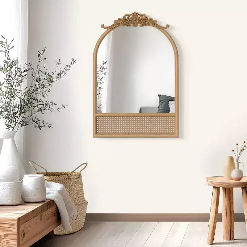 Specchio da parete ad arco in legno marrone naturale e rattan – Singolo