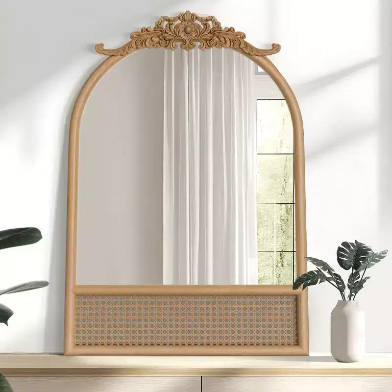 Specchio da parete ad arco in legno marrone naturale e rattan – Singolo
