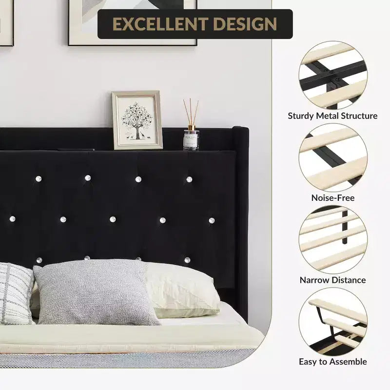 Telaio letto imbottito capitonné nero, nessun Box Spring necessario – Piazza e mezzo/Matrimoniale
