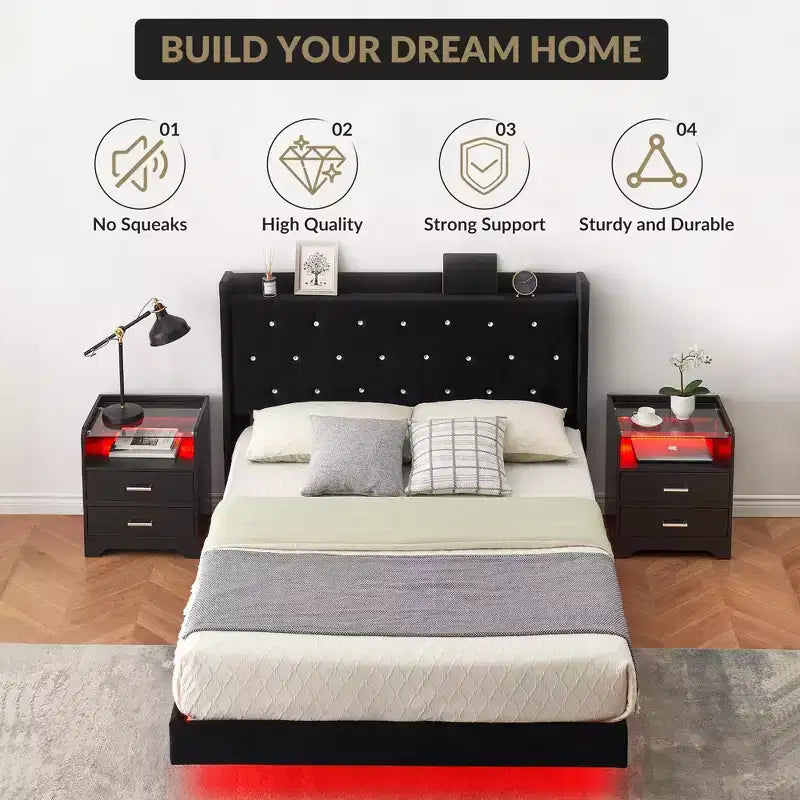 Telaio letto imbottito capitonné nero, nessun Box Spring necessario – Piazza e mezzo/Matrimoniale