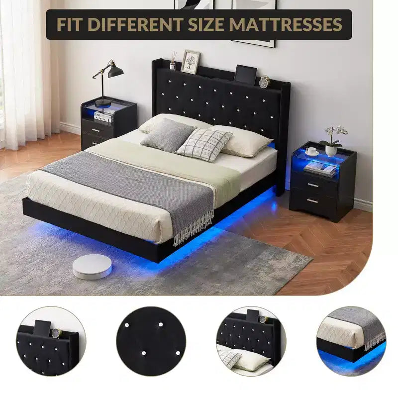 Telaio letto imbottito capitonné nero, nessun Box Spring necessario – Piazza e mezzo/Matrimoniale