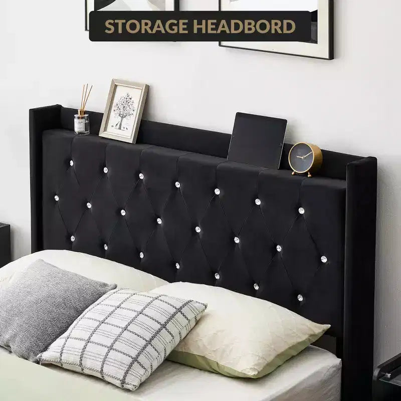 Telaio letto imbottito capitonné nero, nessun Box Spring necessario – Piazza e mezzo/Matrimoniale
