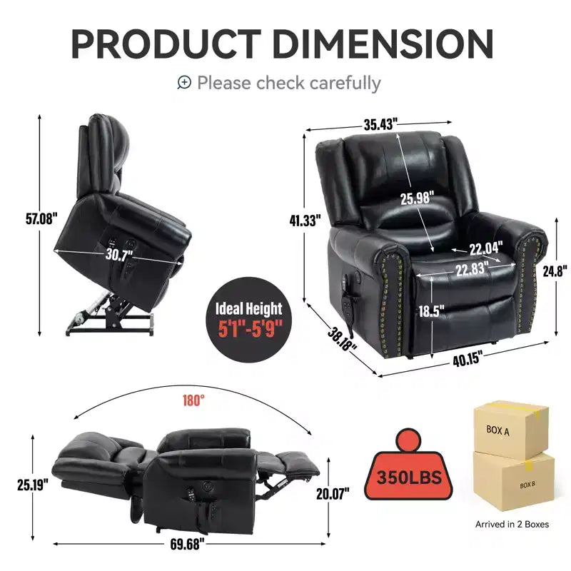 Poltrona reclinabile elettrica alza-persona nera/marrone, vera pelle, doppio motore, monoposto