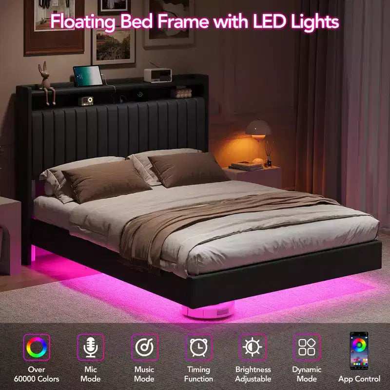 Struttura letto fluttuante bianca/nera con luci LED e stazione di ricarica, una piazza e mezza/matrimoniale, 1-2 persone
