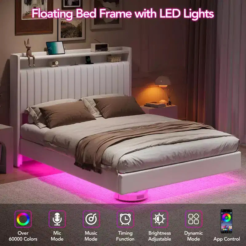 Struttura letto fluttuante bianca/nera con luci LED e stazione di ricarica, una piazza e mezza/matrimoniale, 1-2 persone