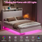 Struttura letto fluttuante bianca/nera con luci LED e stazione di ricarica, una piazza e mezza/matrimoniale, 1-2 persone