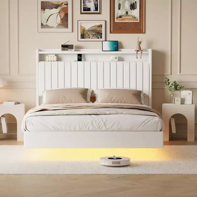 Struttura letto fluttuante bianca/nera con luci LED e stazione di ricarica, una piazza e mezza/matrimoniale, 1-2 persone
