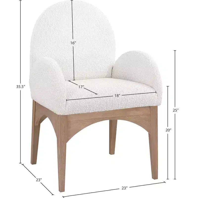 Sedia da pranzo con braccioli in tessuto bouclé nero/crema, 1 posto, gambe in frassino naturale