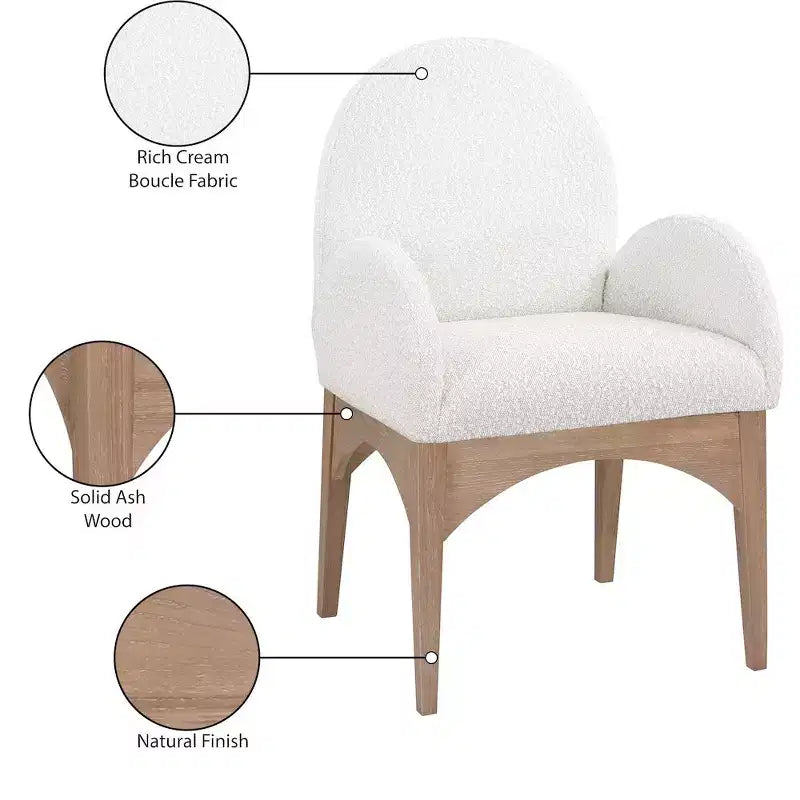 Sedia da pranzo con braccioli in tessuto bouclé nero/crema, 1 posto, gambe in frassino naturale
