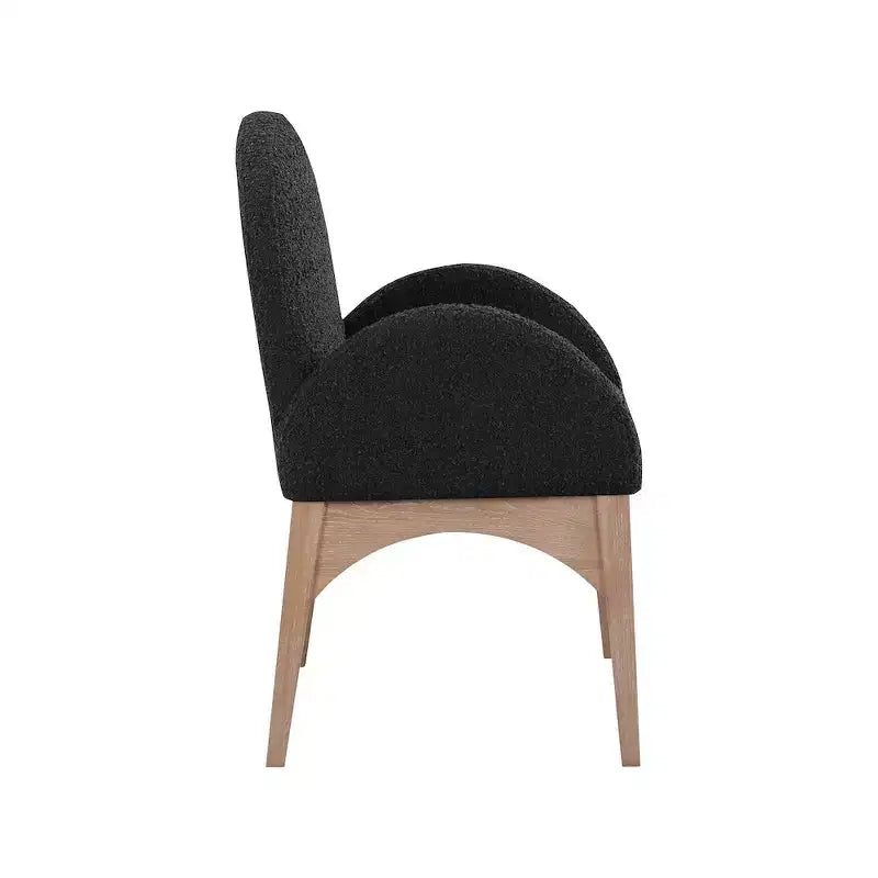 Sedia da pranzo con braccioli in tessuto bouclé nero/crema, 1 posto, gambe in frassino naturale