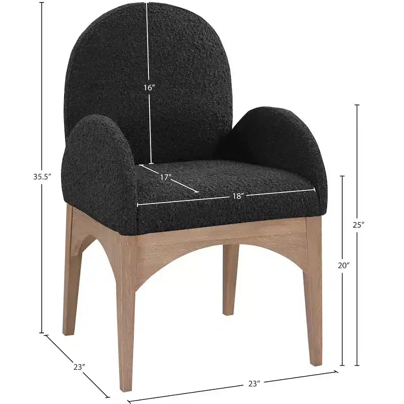 Sedia da pranzo con braccioli in tessuto bouclé nero/crema, 1 posto, gambe in frassino naturale