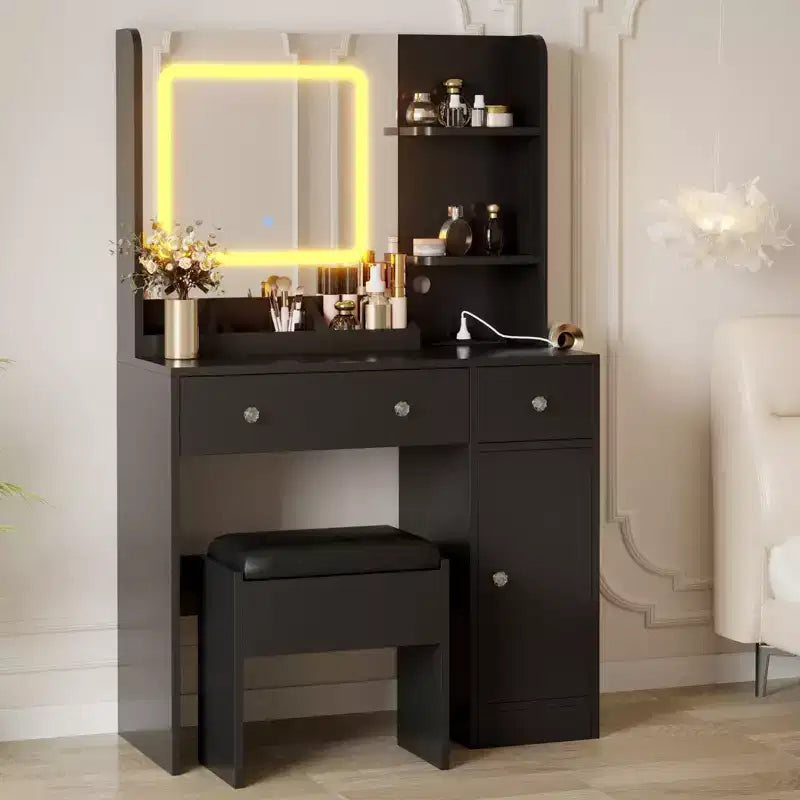 Scrivania Trucco Illuminata Multicolore con Specchio e Sgabello, 3 Cassetti, Stazione di Ricarica, per 1 Persona