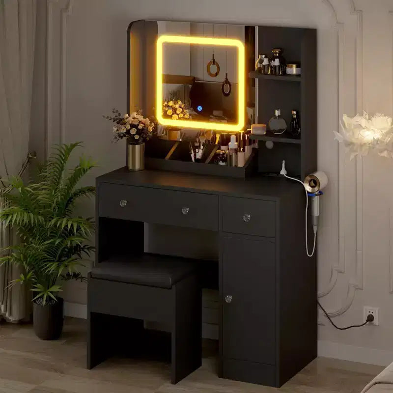 Scrivania Trucco Illuminata Multicolore con Specchio e Sgabello, 3 Cassetti, Stazione di Ricarica, per 1 Persona