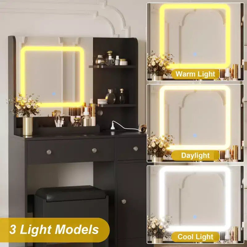 Scrivania Trucco Illuminata Multicolore con Specchio e Sgabello, 3 Cassetti, Stazione di Ricarica, per 1 Persona