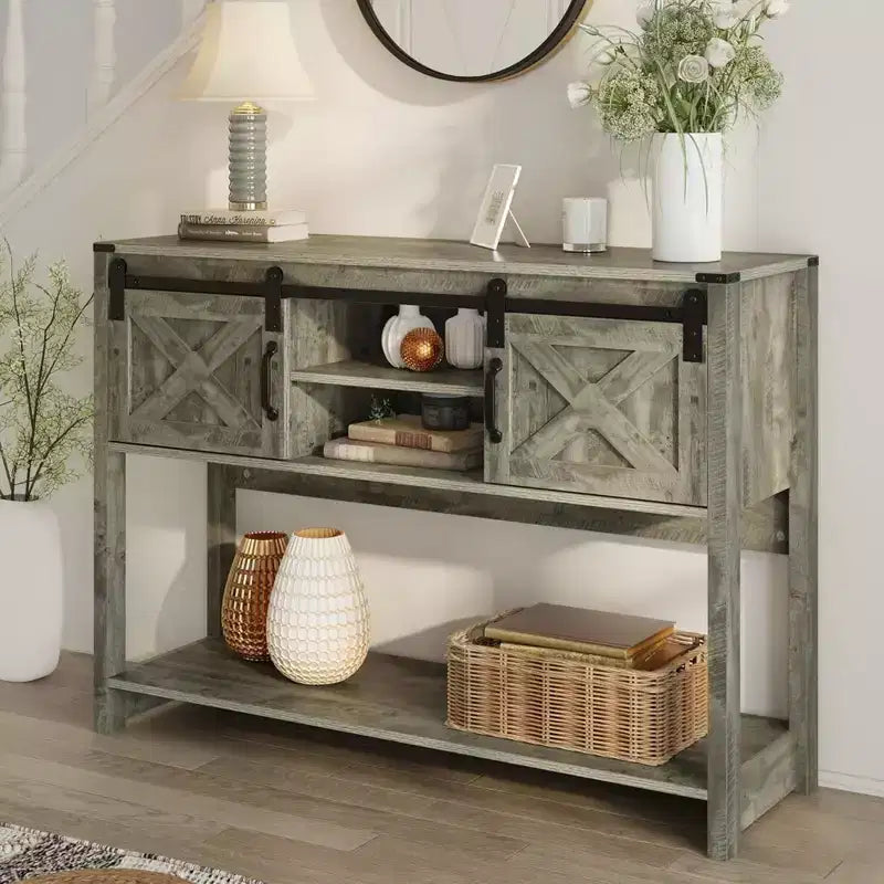 RoyalCraft Farmhouse Entryway Console Table with Storage Shelves, Sliding Barn Door and Spacious Tabletop for Living Room or Foyer, Light Grey