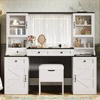 Whisen Farmhouse Makeup Vanity Table with LED Touch Mirror, Cushioned Storage Stool, Glass Top, Charging Station and Ample Storage Space - White