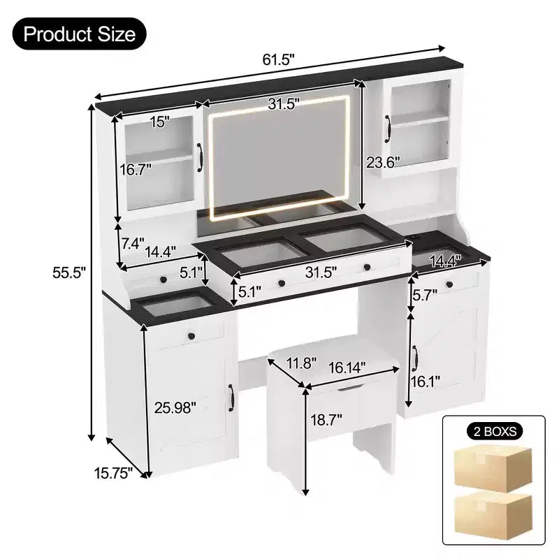 Toeletta da trucco bianca in stile rustico con specchio LED e sgabello, uso singolo