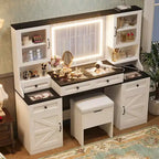 Toeletta da trucco bianca in stile rustico con specchio LED e sgabello, uso singolo