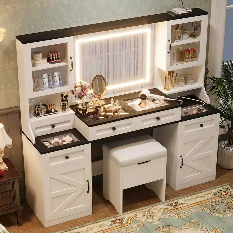 Toeletta da trucco bianca in stile rustico con specchio LED e sgabello, uso singolo