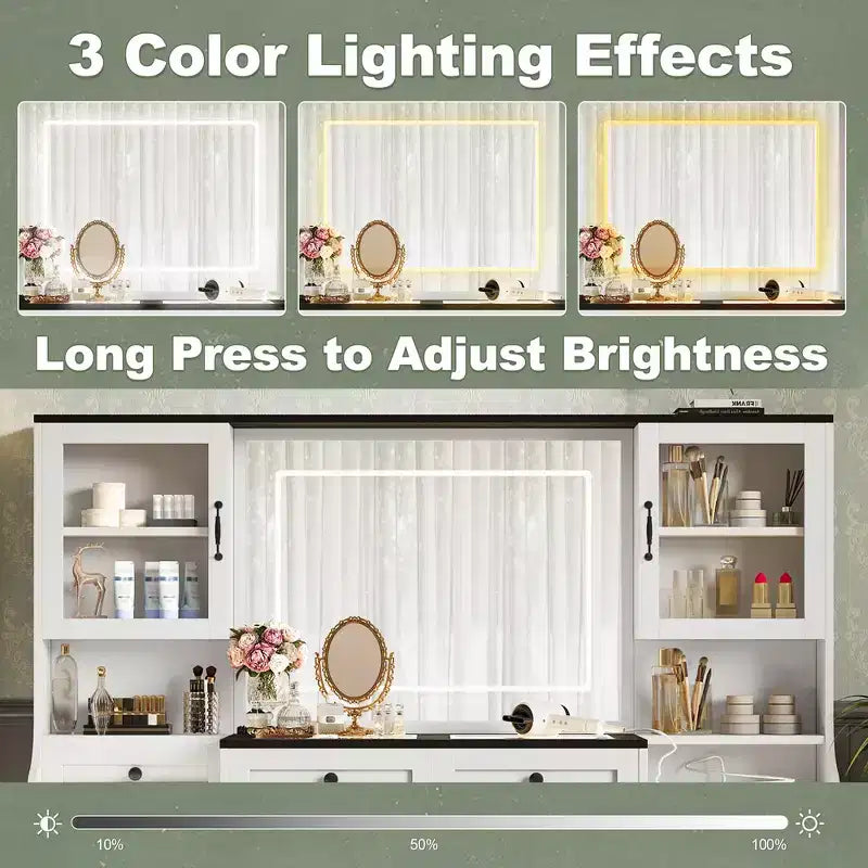 Toeletta da trucco bianca in stile rustico con specchio LED e sgabello, uso singolo