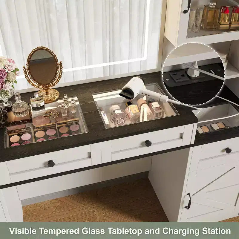 Toeletta da trucco bianca in stile rustico con specchio LED e sgabello, uso singolo