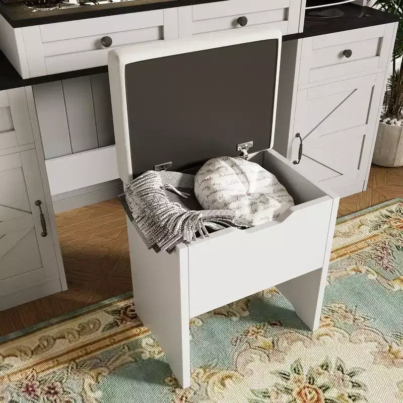 Toeletta da trucco bianca in stile rustico con specchio LED e sgabello, uso singolo