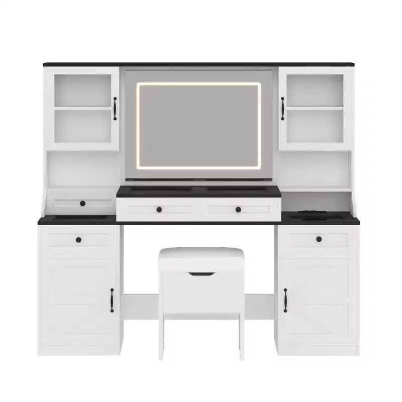 Toeletta da trucco bianca in stile rustico con specchio LED e sgabello, uso singolo