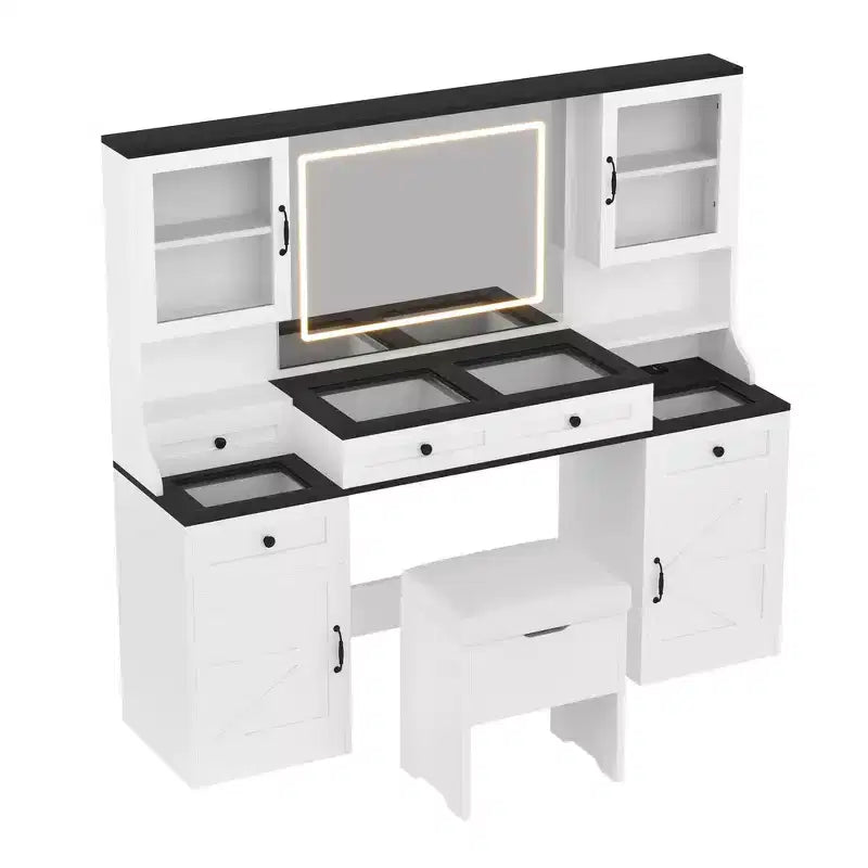 Toeletta da trucco bianca in stile rustico con specchio LED e sgabello, uso singolo
