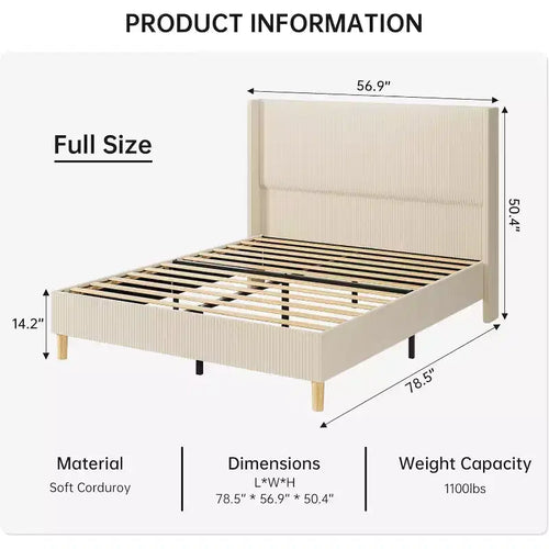 Struttura letto imbottita con testiera a orecchioni in velluto a coste beige, King, 1 persona