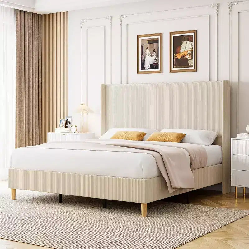 Struttura letto imbottita con testiera a orecchioni in velluto a coste beige, King, 1 persona