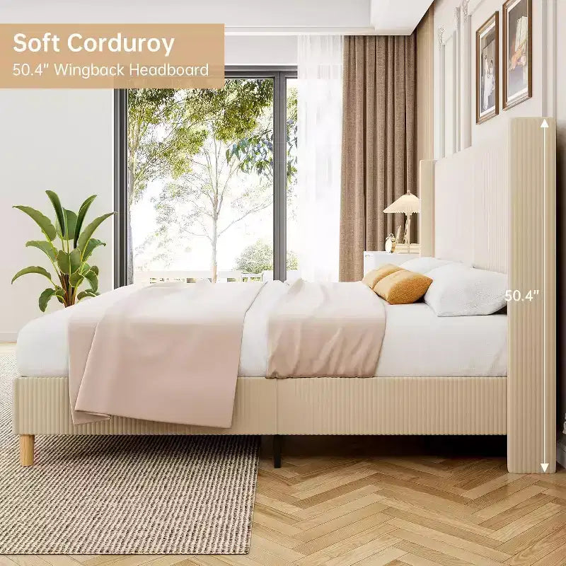Struttura letto imbottita con testiera a orecchioni in velluto a coste beige, King, 1 persona
