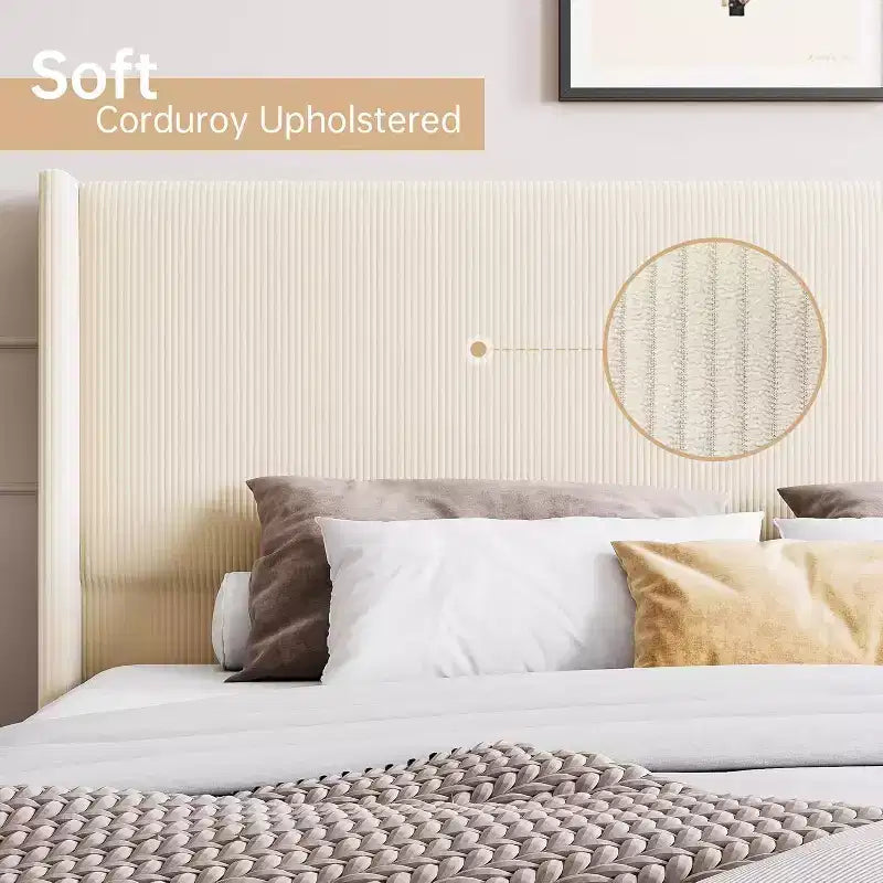 Struttura letto imbottita con testiera a orecchioni in velluto a coste beige, King, 1 persona