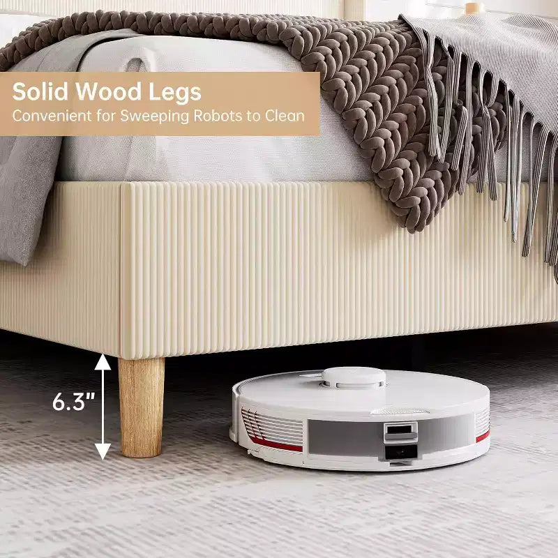 Struttura letto imbottita con testiera a orecchioni in velluto a coste beige, King, 1 persona