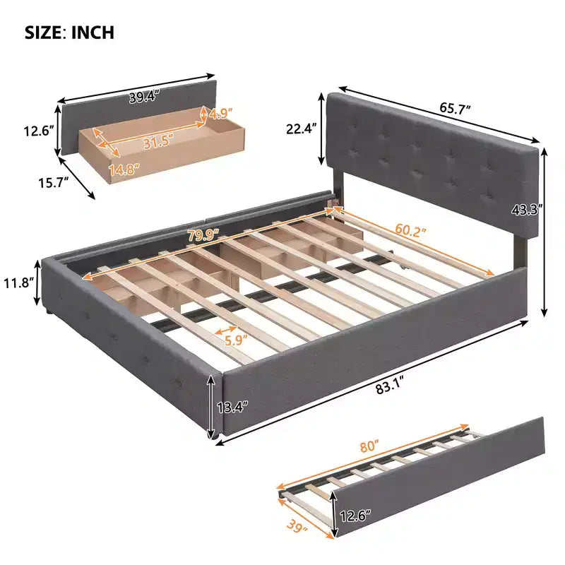 Letto Queen Platform Grigio Scuro con 2 Cassetti e Letto Estraibile Twin XL, Posti Letto 3