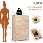 Cassettiera alta a 6 cassetti, naturale non finita – Stile rustico, legno di gomma, 1 persona