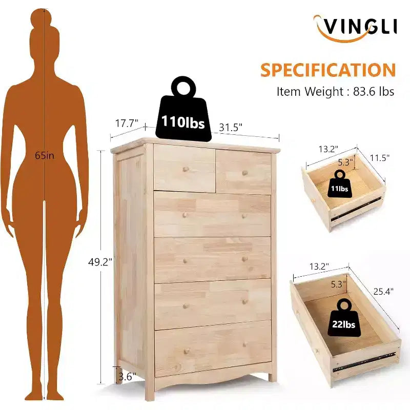 Cassettiera alta a 6 cassetti, naturale non finita – Stile rustico, legno di gomma, 1 persona