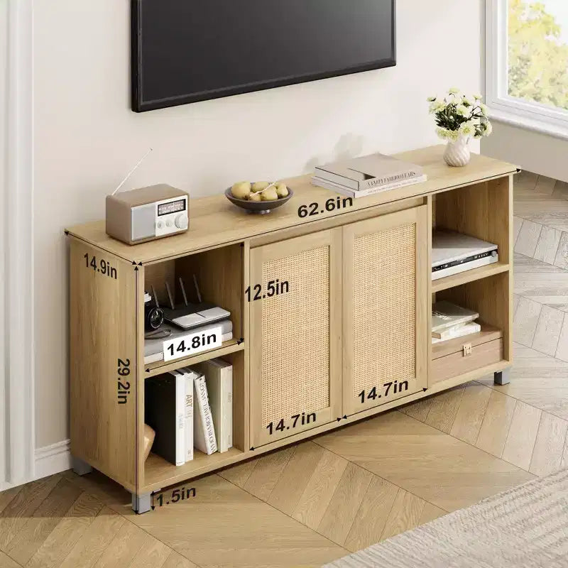 Mobile TV Boho Naturale con Ante in Rattan e Ripiani Aperti, Adatto a TV fino a 70"