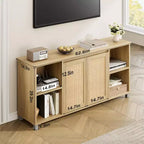 Mobile TV Boho Naturale con Ante in Rattan e Ripiani Aperti, Adatto a TV fino a 70"