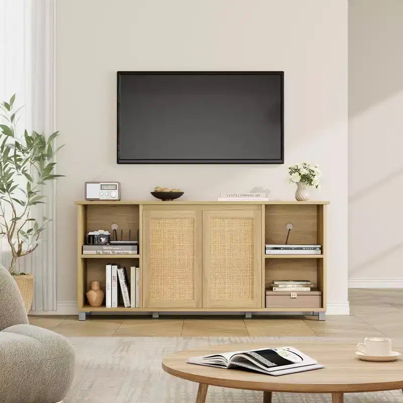 Mobile TV Boho Naturale con Ante in Rattan e Ripiani Aperti, Adatto a TV fino a 70"