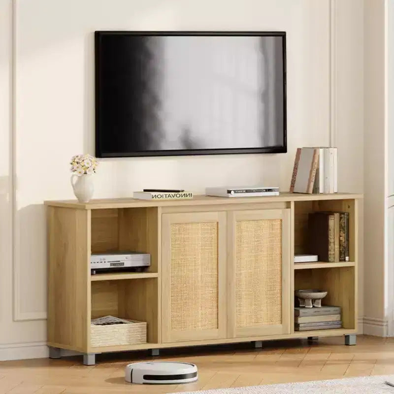 Mobile TV Boho Naturale con Ante in Rattan e Ripiani Aperti, Adatto a TV fino a 70"