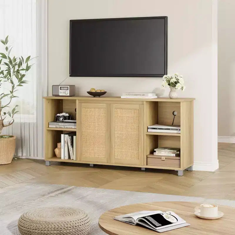 Mobile TV Boho Naturale con Ante in Rattan e Ripiani Aperti, Adatto a TV fino a 70"