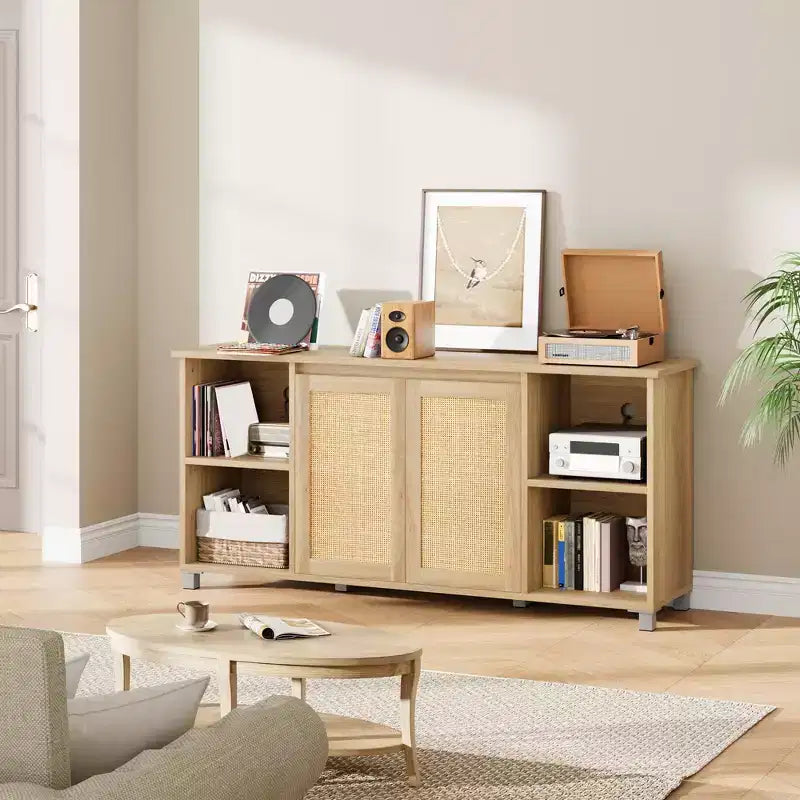 Mobile TV Boho Naturale con Ante in Rattan e Ripiani Aperti, Adatto a TV fino a 70"